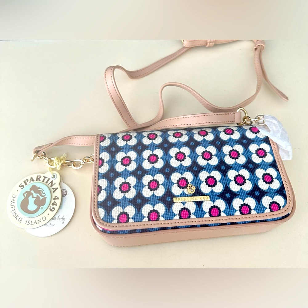 NEW NWT Spartina 449 Crew Crossbody Phone Canvas Leather Bag in Calhoun RFID HTF